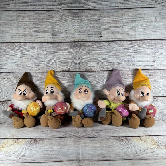 Lot Of 5 Disney Dwarfs Bean Bag Plush Happy Dopey Bashful Sneezy Grumpy - Picture 1 of 11